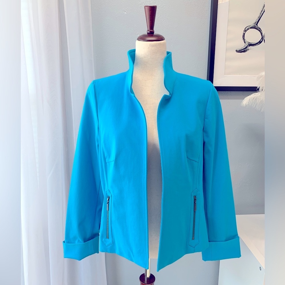 Nina McLemore Blazer/Jacket Cotton Blend Zippered Pockets Women’s Size 10 Blue